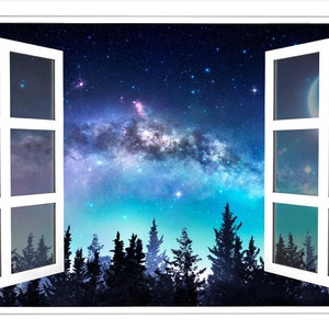 Window Scape Milky Way Aurora 3D Window Wall Decal Sticker Galaxy Mural Self Adhesive Vinyl Night Sky Stars Forest Moon Home Decor image 9