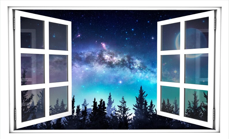 Window Scape Milky Way Aurora 3D Window Wall Decal Sticker Galaxy Mural Self Adhesive Vinyl Night Sky Stars Forest Moon Home Decor image 9