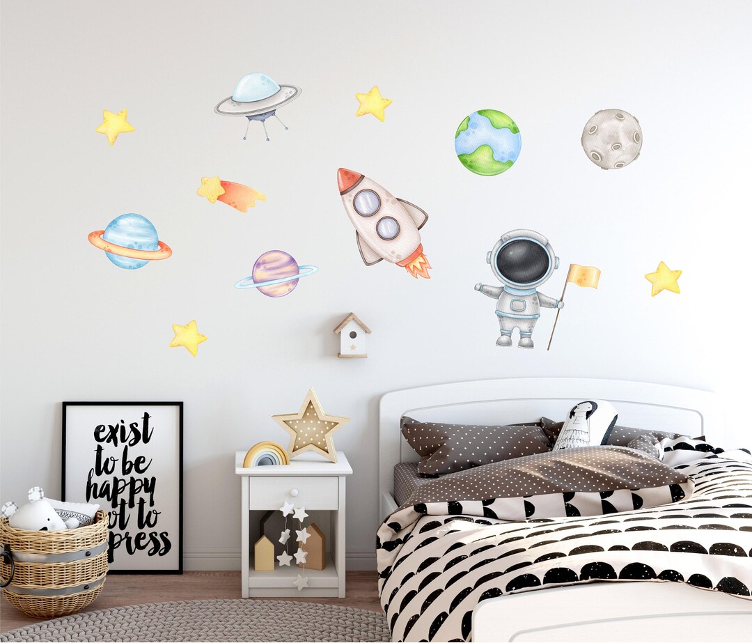 Astronaut Space Wall Decal Set of 12 Removable Fabric Vinyl Watercolor ...