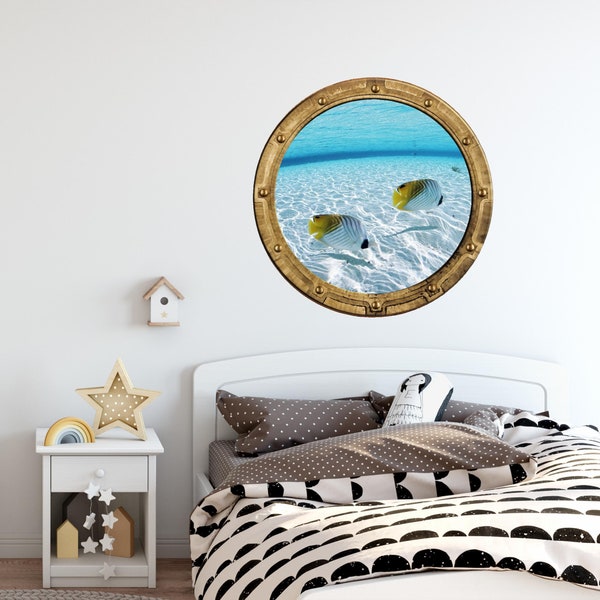 Port Scape Shallow Water #2 Porthole Wall Sticker Graphic Decal Ocean Fish Sea Life View Tropical Window View Kids Game Room Decor Art