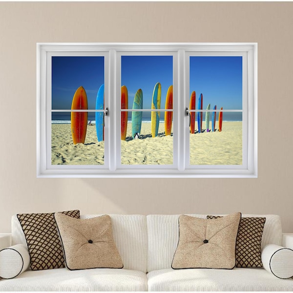 Window Scape Surf Boards On Beach #1 Wall Decal Graphic Vinyl Sticker Summer Sand Ocean Water Mural Home Kids Game Room Office Art Decor