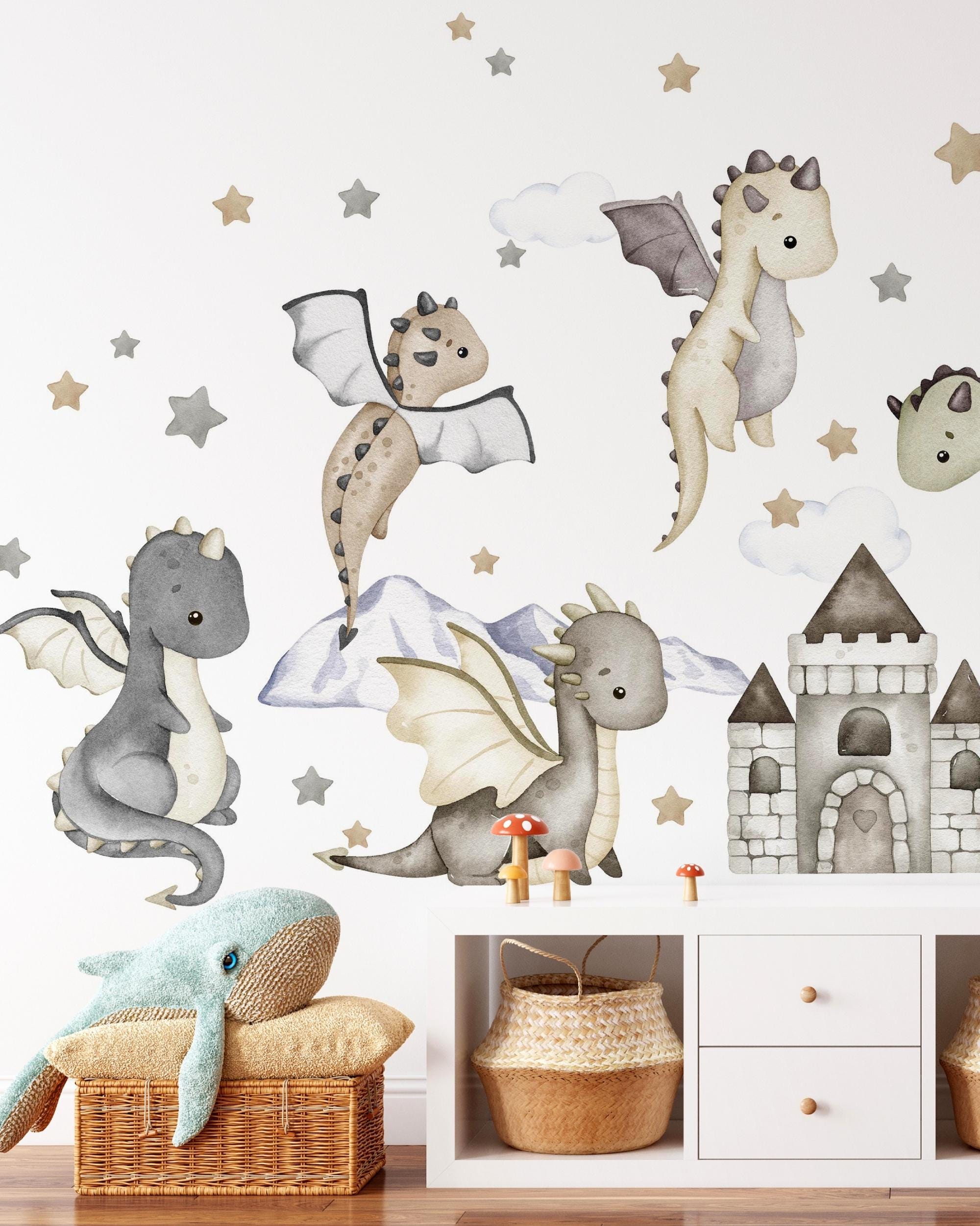 Watercolor Baby Dragons Wall Decal Set, Peel and Stick Fabric Wall ...
