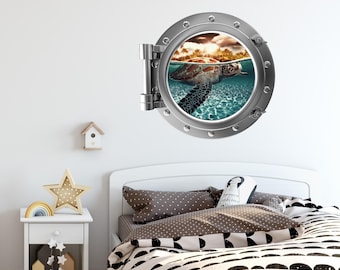 Port Scape Isntant Sea View Sea Turtle #2 Porthole Window Wall Decal Removable Fabric Wall Sticker Ocean Animal Kids Room Decor