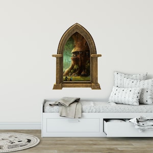 Castle Scape Elf Tree Village #1 Wall Decal Stone 3D Window Wall Decal Sticker Mural Kids Bedroom Playroom Medieval Fantasy Fairytale Decor