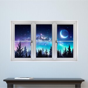 Window Scape Milky Way Aurora 3D Window Wall Decal Sticker Galaxy Mural Self Adhesive Vinyl Night Sky Stars Forest Moon Home Decor image 3