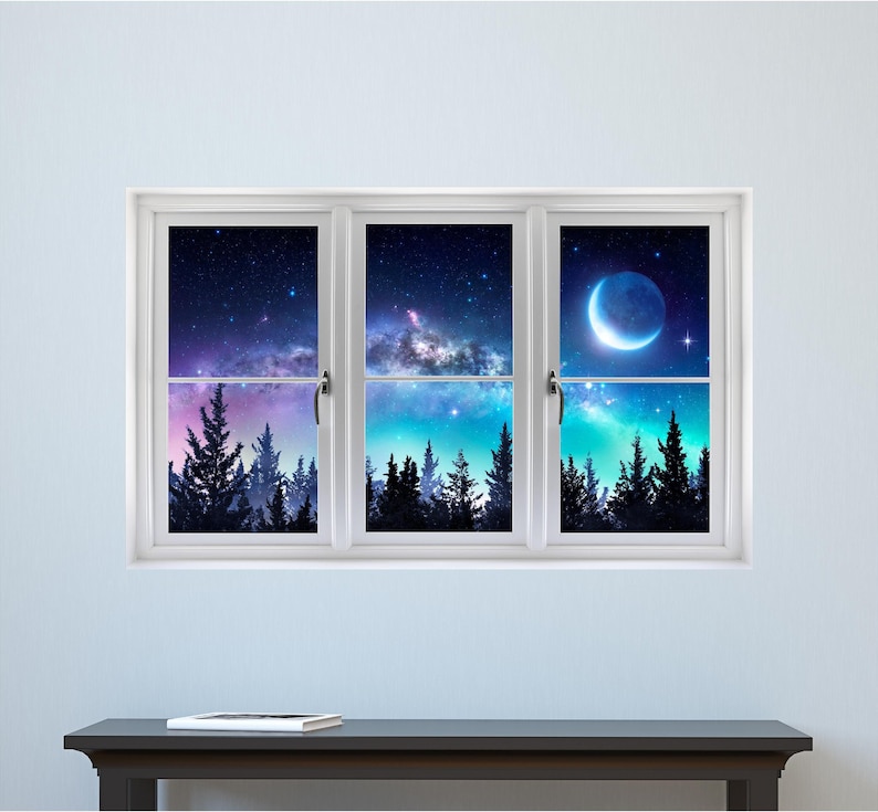 Window Scape Milky Way Aurora 3D Window Wall Decal Sticker Galaxy Mural Self Adhesive Vinyl Night Sky Stars Forest Moon Home Decor image 3