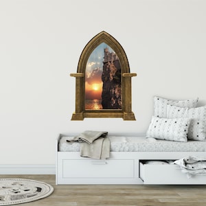 Castle Scape Cliffs Edge at Sea Sunset Wall Decal Instant View Sticker Mural Medieval Fantasy Fictonal Fairy Tale Decor Kids Room