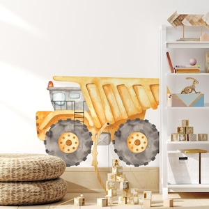 Construction Dump Truck Wall Decal Watercolor – Peel and Stick Removable Fabric Sticker for Boys Room, Nursery or Playroom
