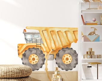 Construction Dump Truck Wall Decal Watercolor – Peel and Stick Removable Fabric Sticker for Boys Room, Nursery or Playroom