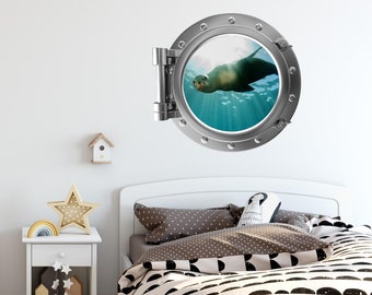 Port Scape Sea Lion #1 Porthole Window Wall Decal Sticker Removable Sea Life Wall Mural for Childrens Room Decor