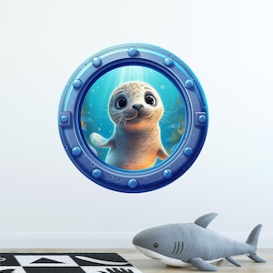 Cartoon Curious Seal Porthole Window Wall Decal Under The Sea Arctic Ocean Removable Fabric Wall Sticker