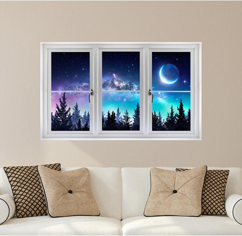 Window Scape Milky Way Aurora 3D Window Wall Decal Sticker Galaxy Mural Self Adhesive Vinyl Night Sky Stars Forest Moon Home Decor image 4