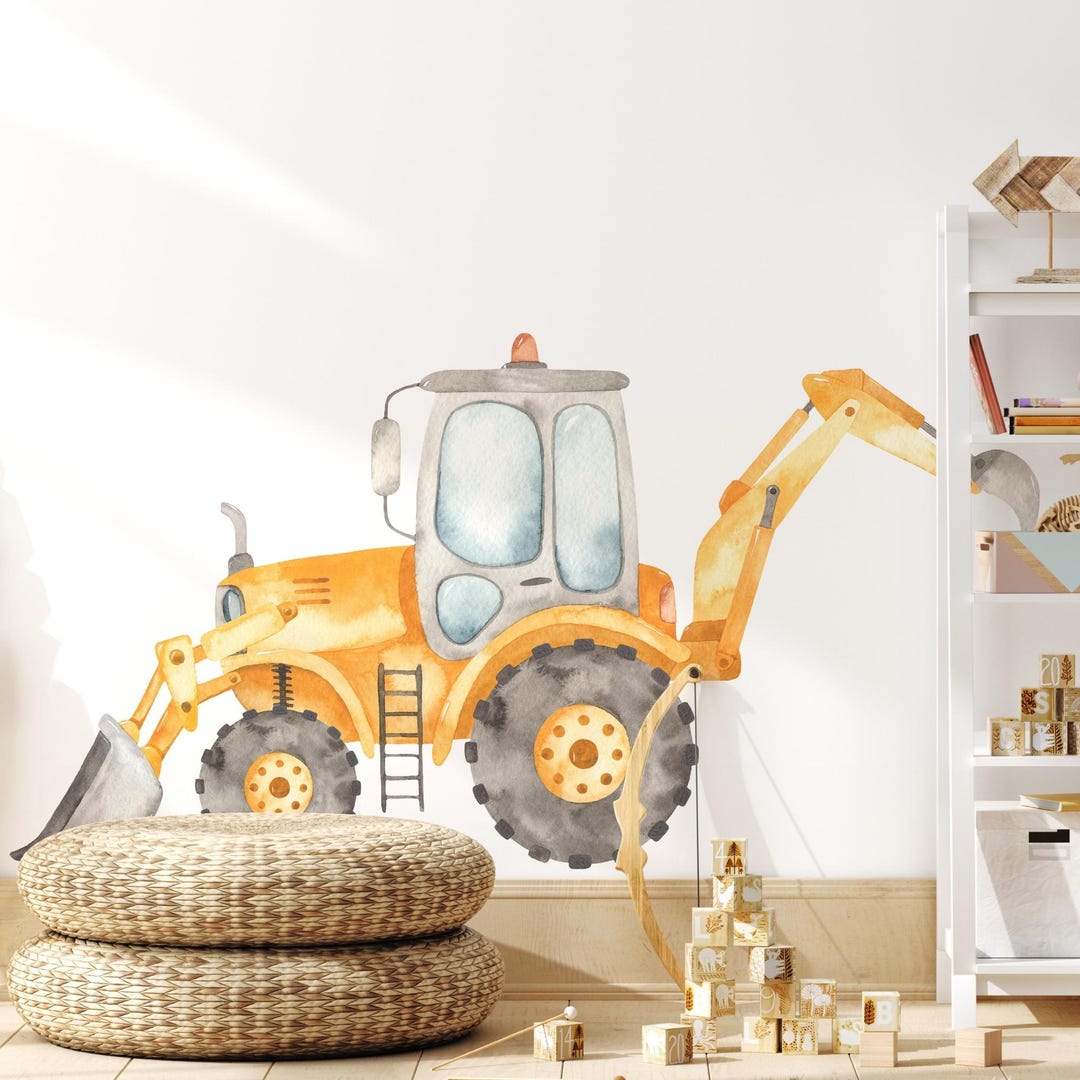 Construction Tractor Backhoe Wall Decal Watercolor – Loader Vehicle ...