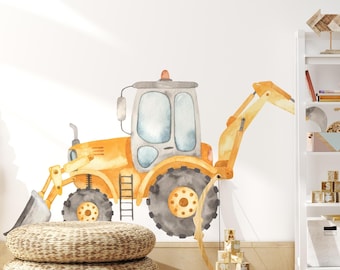 Construction Tractor Backhoe Wall Decal Watercolor – Loader Vehicle Peel and Stick Removable Fabric Sticker for Boys Room, Nursery, Playroom