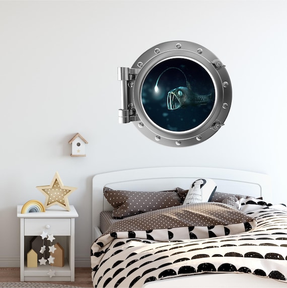 Port Scape Deep Sea Porthole Window Removable Wall Decal Instant View Angler Fish Ocean Kids Sea Themed Nursery Room Decor
