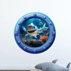 Cartoon Baby Tiger Shark Porthole Window Wall Decal Under The Sea Ocean Removable Fabric Wall Sticker
