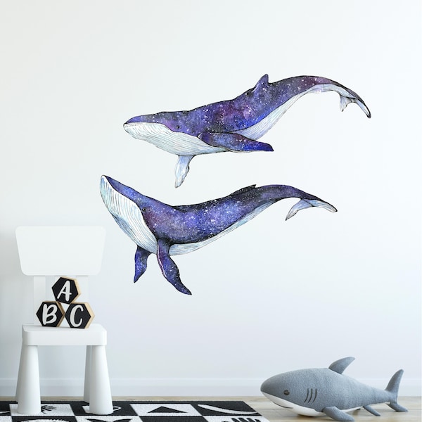 Galaxy Whales Wall Decal Set of 2 Watercolor Wall Stickers Ocean Sea Animal Peel & Stick Removable Fabric Vinyl Childrens Room Decor