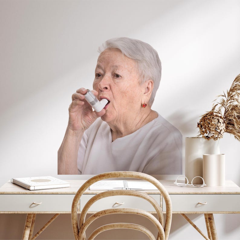 Senior Old Lady With Asthma Inhaler Wall Decal – Elderly Woman Grandma ...