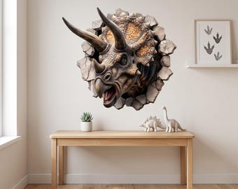 Triceratops Dinosaur Wall Decal 3D Breaking Through Wall Sticker for Boys Room Kids Bedroom Decor Peel and Stick Dino Decor