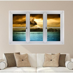 Window Scape Volcano #1 Wall Decal Graphic Vinyl Sticker Ocean Clouds Sunset Mural Home Kids Game Room Office Art Decor