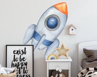 Watercolor Rocket Space Wall Decal Kids Room Peel & Stick Removable Fabric Wall Sticker