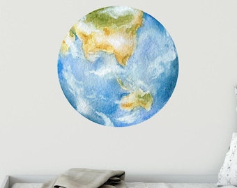 Watercolor Earth Wall Decal Space Planet Wall Sticker Removable Fabric Vinyl Childrens Nursery Room Decor
