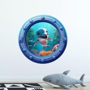 Cartoon Baby Dolphin Porthole Window Wall Decal Under The Sea Ocean Removable Fabric Wall Sticker