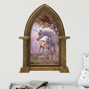 Castle Scape Unicorn w/ Baby 3D Stone Castle Window Wall Decal Sticker Mural Kids Bedroom Playroom Nursery Medieval Fantasy Fairytale Decor