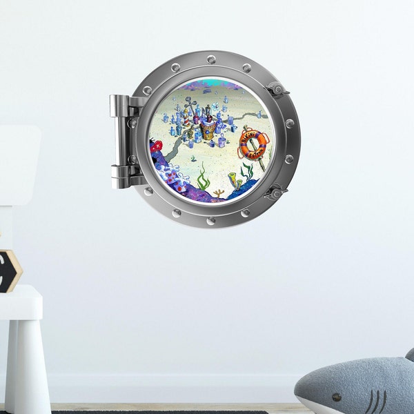 12" Porthole Window Wall Decal Deep Sea Tropical Ocean Coral Reef Cartoon Town Removable Peel and Stick Wall Sticker