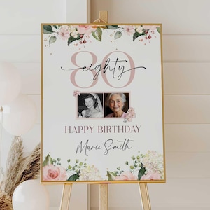 80 Years Loved Welcome Sign, 80th Birthday Poster Party Decor, Floral 80th Poster with Photo, Look Who&#39;s 80 Birthday Decorations