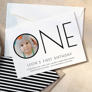 1st Birthday Invitation with photo, 1st Birthday Invitation Gender Neutral, Minimal 1st Birthday Invite with Photo, Photo Invitation 0029