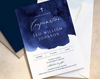 Navy Watercolor Confirmation Invitation Template, Editable (Instant Download)