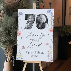 70th Birthday Welcome Sign Template, Happy 70th Birthday Welcome Sign, 70th Poster with Photo, Floral 70th Sign for Women