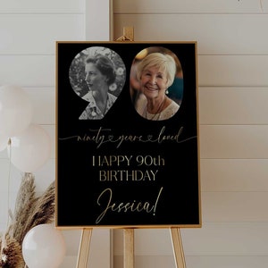 90 Years Loved Sign Black and Gold, 90th Birthday Welcome Sign, Gold 90th Welcome Sign with Photo, Look Who&#39;s 90, 90th Birthday Decor
