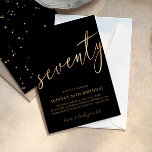 Gold Foil 70th Birthday Invite INSTANT DOWNLOAD, Simple 70th Black and Gold Invitations, Gold, Black, Calligraphy, Elegant, for Women, Men