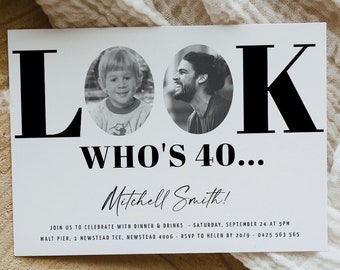 ADEN Look Who's 40, 40th Invitation with photo, 40th Birthday Invitation for Men, Simple Black and White 40th invites, Male 40th invitation