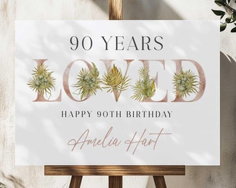 Letrero de bienvenida para fiesta de cumpleaños número 90, 90 años de amor, cartel de bienvenida para fiesta de cumpleaños en oro rosa, decoraciones para fiesta de cumpleaños número 90