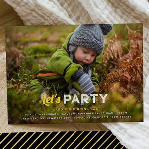 Let's Party Boys 2nd Birthday Invitation Template with full photo, 2nd birthday invitation photo, Boy 2nd birthday invitation, Minimalist