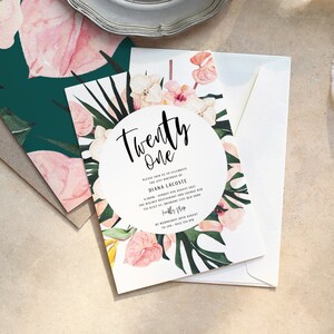 21st Birthday Invitation - Tropical Summer Birthday, Twenty One 21st Invitation, Editable Template Instant Download, TEMPLETT