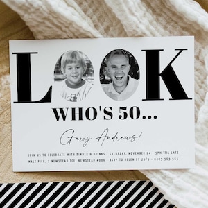 ADEN Look Who's 50, 50th Invitation with photo, 50th Birthday Invitation for Men, Simple Black and White 50th invites, Male 50th invitation