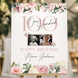 100th Birthday Welcome Sign with Photos, Floral 100th Welcome Sign with Photo, 100th Birthday Decorations