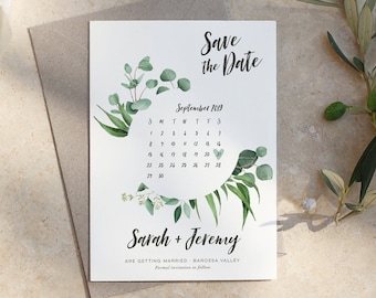 Greenery Save the Date Card Template, Boho Save the Date Printable Calendar, Simple Rustic Wedding, Modern Outdoor Wedding, Templett, Aysha