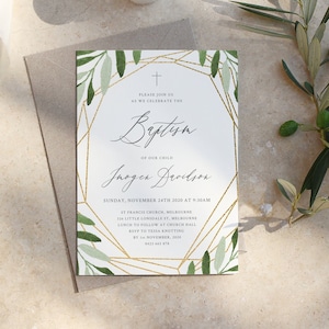 Baptism Invitation with Olive Leaf, Simple Gold Geometric Baptism Invitation Boy, Baptism Invitation, Christening Invitation, Baptism Invite