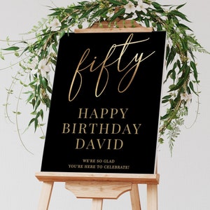 MACI Gold Foil 50th Birthday Welcome Sign Editable Template, Simple 50th Black and Gold Poster, Gold, Black, Elegant Birthday Sign fifty