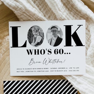 ADEN Look Who's 60, 60th Invitation with photo, 60th Birthday Invitation for Men, Simple Black and White 60th invites, Male 60th invitations