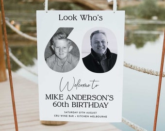 60th Birthday Welcome Sign, Look Who's 60 Welcome Sign, 60th Poster with Photo, Modern 60th Welcome Sign, Birthday Welcome Poster