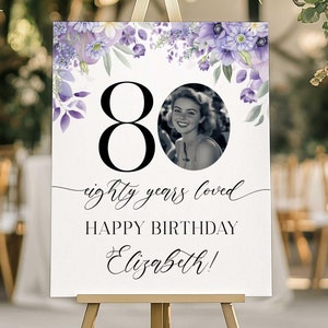 Floral 80th Birthday Welcome Sign with Photo: 80 Years Loved Purple Flowers (Digital Download)