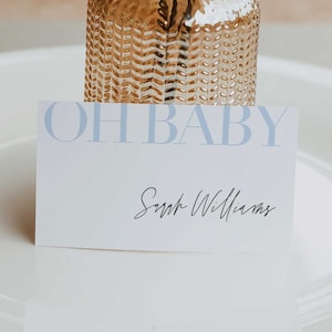 OH BABY Blue Minimal Baby Shower Place Cards, Place Card Printable, Buffet Labels, Editable Baby Shower Place Cards, Name Tags Template #26
