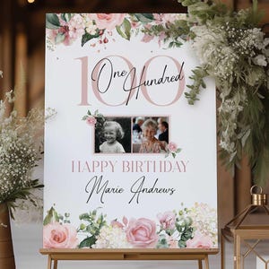 100 Years Loved Birthday Sign, 100th Birthday Welcome Sign, Floral 100th Welcome Sign with Photo, 100th Birthday Decorations