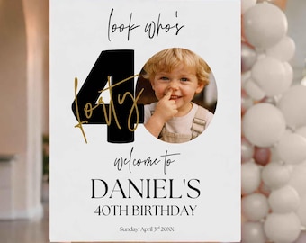 Male 40th Welcome Sign, Look Who'vs 40 Welcome Sign, 40th Poster with Photo, Modern 40th Welcome Sign, Birthday Welcome Poster